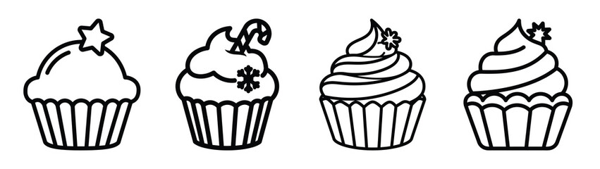 christmas cupcake line art icon set. Christmas outline Vector illustration icons.