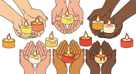Diverse hands holding lit candles in a tribute gesture with flags at half-mast for a memorial, conveying respect and unity in a symbolic display.