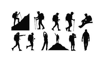 A diverse collection of hiker silhouettes in various dynamic poses isolated on a clean white background for easy integration into designs isolated on white background