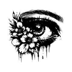 Eye Crying Flowers Vector Illustration — Black and White Line Art Symbolizing Beauty Born from Sadness, Emotional Hand-Drawn Minimal Design SVG