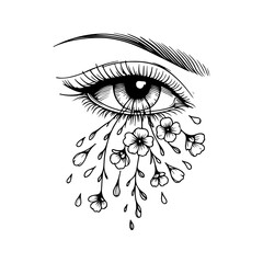 Eye Crying Flowers Vector Illustration — Black and White Line Art Symbolizing Beauty Born from Sadness, Emotional Hand-Drawn Minimal Design SVG