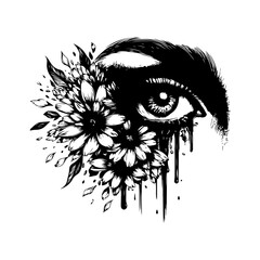 Eye Crying Flowers Vector Illustration — Black and White Line Art Symbolizing Beauty Born from Sadness, Emotional Hand-Drawn Minimal Design SVG
