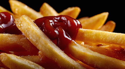 Crispy golden fries glistening with sea salt, topped with a generous dollop of vibrant red sauce, perfectly complementing the salty fries.