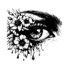 Eye Crying Flowers Vector Illustration — Black and White Line Art Symbolizing Beauty Born from Sadness, Emotional Hand-Drawn Minimal Design SVG