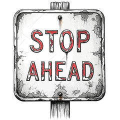 Weathered stop ahead sign evoking feelings of caution and aged charm