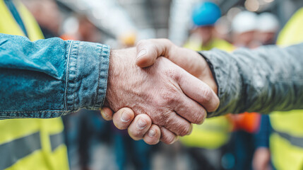 Two individuals shaking hands in a construction setting, symbolizing collaboration and partnership in the field, in the background are the workers.