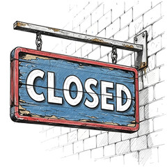 Whimsical illustration of a weathered closed sign hanging on a brick wall