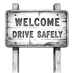 Retro Style Wooden Road Signage: Welcome and Drive Safely Graphic Design