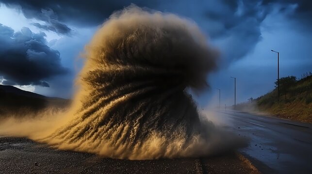 Massive rotating dust tornado forming on wet road under stormy sky with dramatic lighting