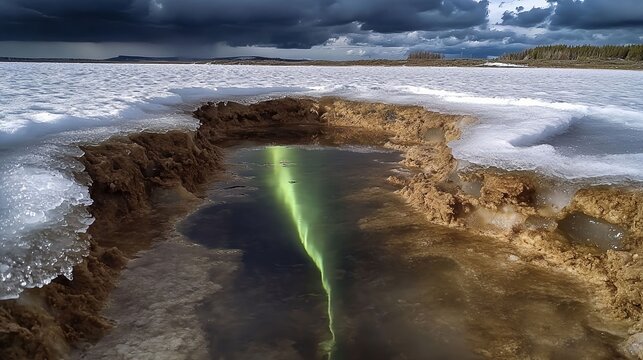 Green aurora beam reflected in icy lake under dramatic cloudy winter sky