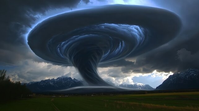 Massive spiraling supercell tornado forming above mountain valley in dramatic light