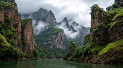 Landscape view of a river between tall cliffs under a cloudy sky day