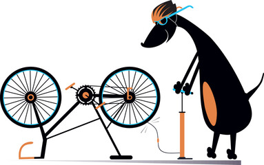 Cycling dog and a broken bicycle. 
Cute dog inflates the wheel of the bicycle.