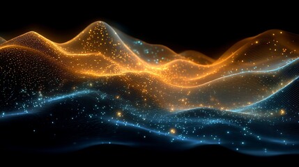 Abstract digital landscape with glowing particles and wave patterns visualization