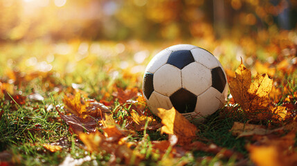 A soccer ball rests on grass covered with fallen autumn leaves, bathed in golden sunlight. The perfect time for outdoor sports and recreation.