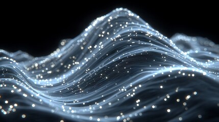 Abstract digital wave pattern background with flowing lines and glowing particles, high resolution