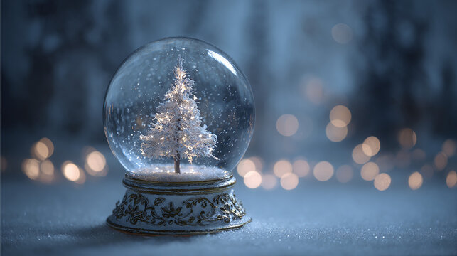 Enchanting snow globe scene featuring a delicate Christmas tree. The globe rests on a snowy base, creating a festive winter display.