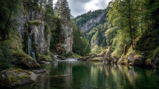 A serene lake surrounded by cliffs and lush green trees in a forest area
