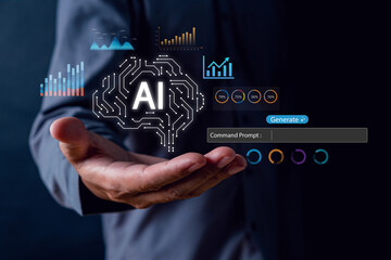 Business professional demonstrating artificial intelligence technology with data analytics and digital commands in a modern corporate setting