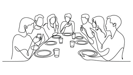 continuous line drawing of people dining together while using smartphones, representing digital dependence and modern social behavior