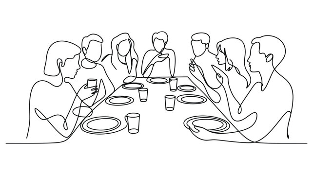 continuous line drawing of people dining together while using smartphones, representing digital dependence and modern social behavior