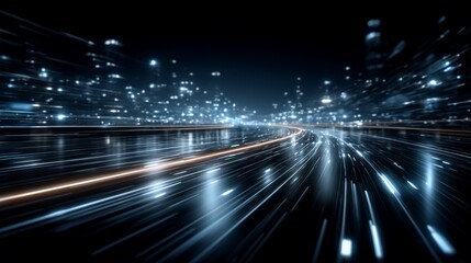 Abstract futuristic night cityscape with motion blurred light streaks and fast data flow