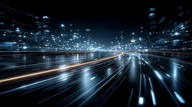 Abstract futuristic night cityscape with motion blurred light streaks and fast data flow