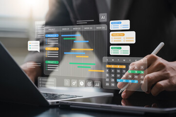 Project management and scheduling concept showing digital Gantt chart, weekly task tracker, project timeline, and calendar interface on laptop. teamwork and workflow planning in business operations