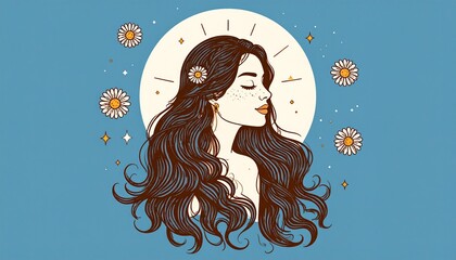 A woman meditating and doing yoga under the sun, artistic minimal drawing.	