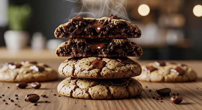 Warm, freshly baked chocolate chip cookies stacked high with gooey melted chocolate and visible steam, surrounded by whole coffee beans on a rustic wooden table.