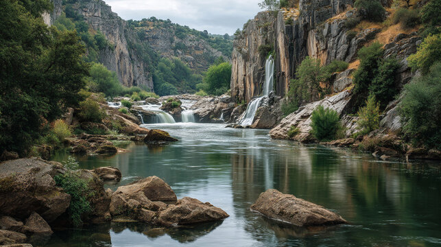 Waterfall cascading into a river surrounded by rocky cliffs and greenery