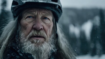 Weathered senior man wearing protective headgear faces adverse winter conditions outdoors