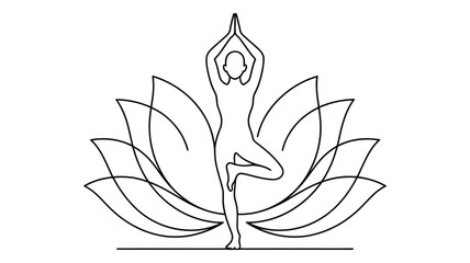 minimalist line drawing of person in tree yoga pose with lotus flower, symbolizing balance, spiritual growth, and inner tranquility