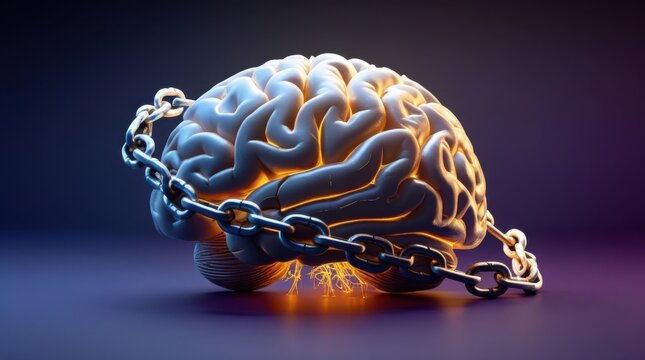 Brain in Chains: A detailed depiction of a human brain, encapsulated within the constricting grip of a metallic chain, illuminated against a dramatic backdrop