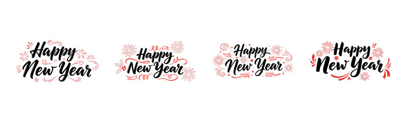 Naklejka premium Merry Christmas, Happy Holidays, Happy New Year festive greeting with red holly berries, snowflakes, and elegant script set on transparent background