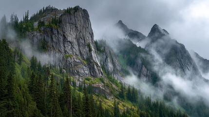 Rocky mountain peaks covered in fog and evergreen trees on a cloudy day