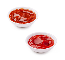 Many bowls of ketchup on a white background look appetizing and fresh