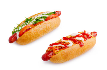 Delicious hot dogs with fresh toppings served on a white background