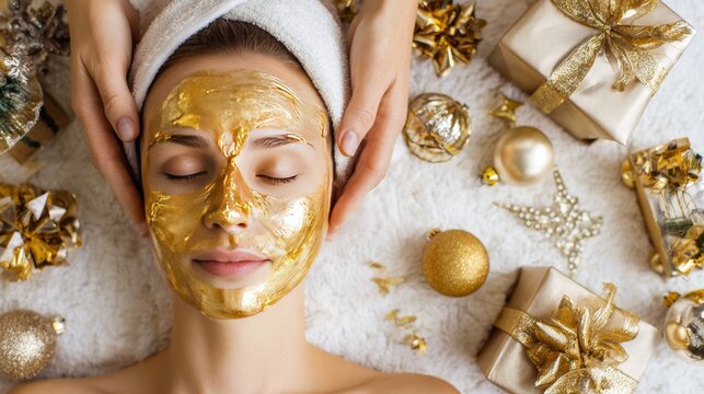Beautician applying golden facial mask on beautiful woman to rejuvenate and nourish skin, with festive Christmas decorations nearby, showing skincare, beauty treatment, wellness, cosmetology concept - Powered by Adobe