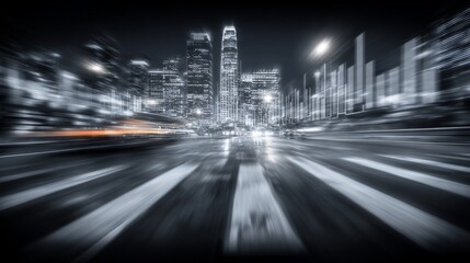 Abstract motion blur of a city skyline at night offers a dynamic urban view