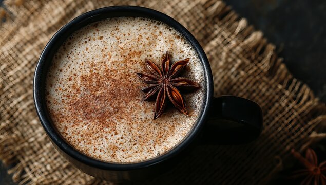 Black mug of chai latte with cinnamon and star anise