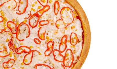 Unique pizza topped with sliced red chili and corn in a crust