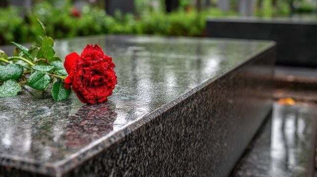 Single red rose covered in water droplets rests upon a wet, polished stone surface in a somber outdoor setting.