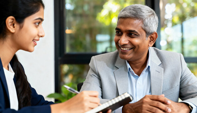 A smiling middle-aged Indian manager in a meeting with a young female employee. Professional business mentorship, consultation, or job interview concept