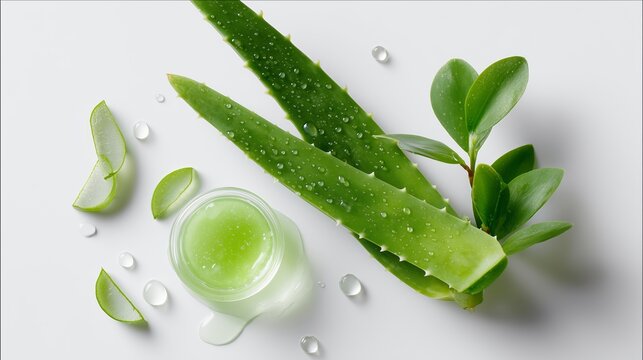 Fresh aloe vera and gel with droplets on a light surface for natural skincare