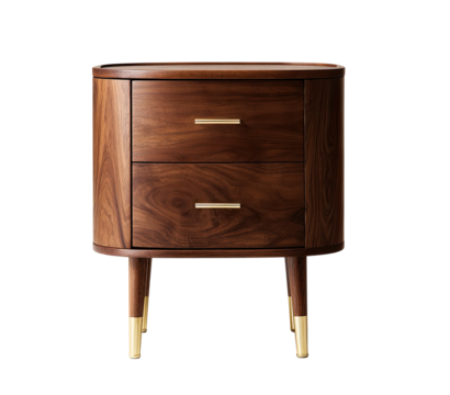 Wooden two-drawer nightstand with brass pulls and leg accents