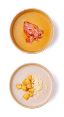 Warm soup with bacon on top and croutons with cheese on the side