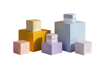 Abstract geometric composition of colorful cubes and boxy containers