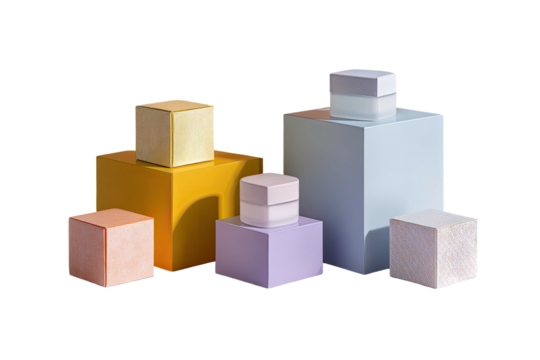 Abstract geometric composition of colorful cubes and boxy containers