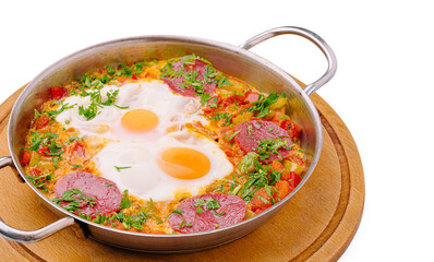 Delicious shakshuka with eggs, vegetables, and sausage served in a skillet